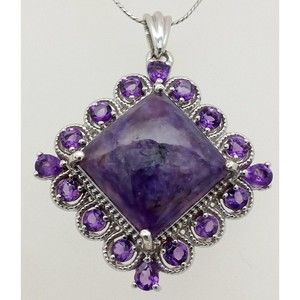 Russian Charoite Rhodolite Amethyst Pendant Chain Necklace 925 Sterling Silver
